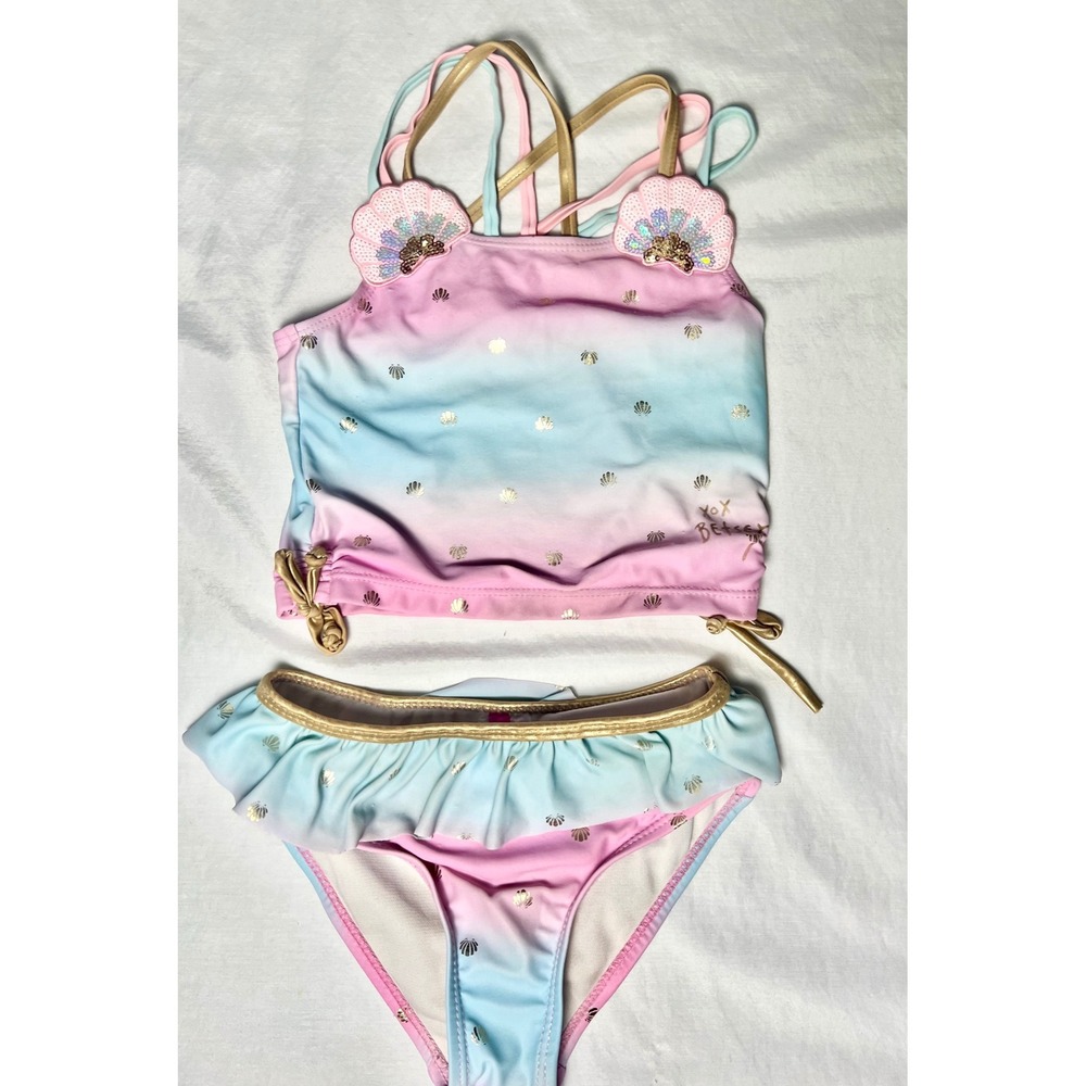 Betsey Johnson Kids Pink Blue Ombre Shell Sequin Tankini Swimsuit Set Size 6